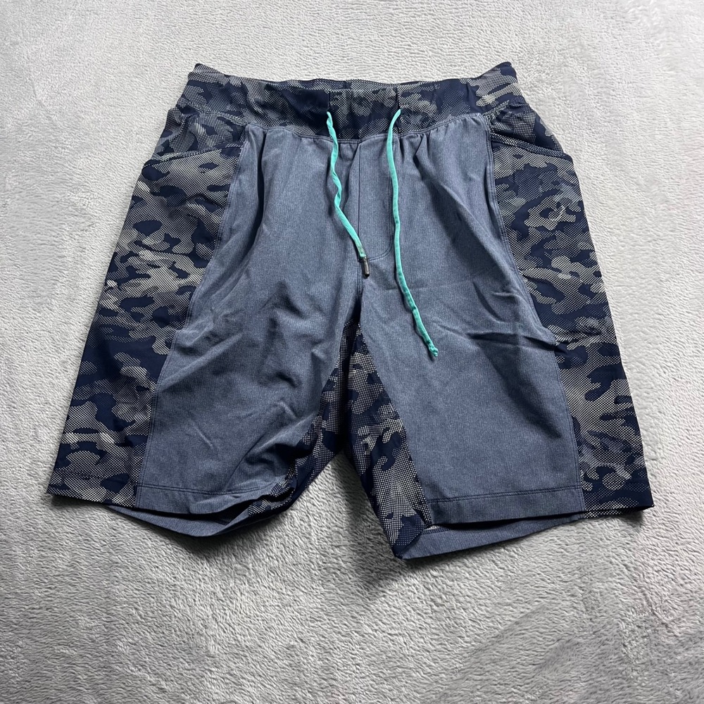 Lululemon Mens Camo Athletic Shorts Blue Grey Teal Drawstring 9 Inch Inseam
